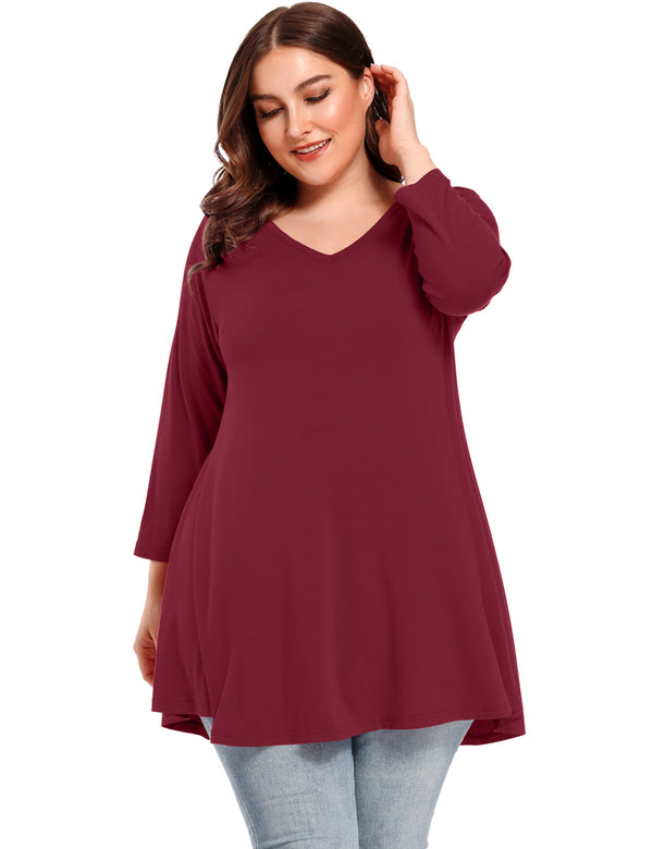 V Neck Loose Fit Flowy Long Sleeve Tunics Tops Plus Size for Women - Latest Ladies Fashion Clothes Online,Online Women Clothing Shop & Latest Clothing 8056.