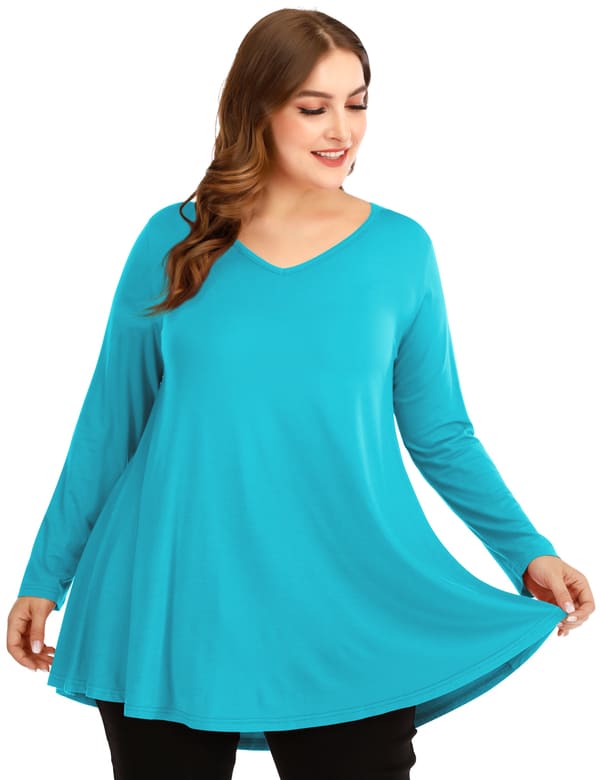 V Neck Loose Fit Flowy Long Sleeve Tunics Tops Plus Size for Women - Latest Ladies Fashion Clothes Online,Online Women Clothing Shop & Latest Clothing 8056.