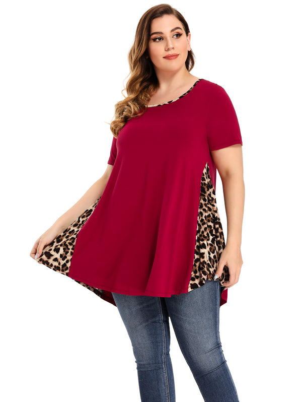 Latest Ladies Fashion Clothes Online,Online Women Clothing Shop & Latest Clothing Color Block Leopard Print Tops for Women Plus Size Short Sleeve-8062.
