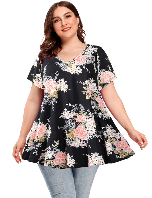 Women V Neck Loose Fit Flowy Short Sleeve Plus Size Casual Tops - Latest Ladies Fashion Clothes Online,Online Women Clothing Shop & Latest Clothing 8059.