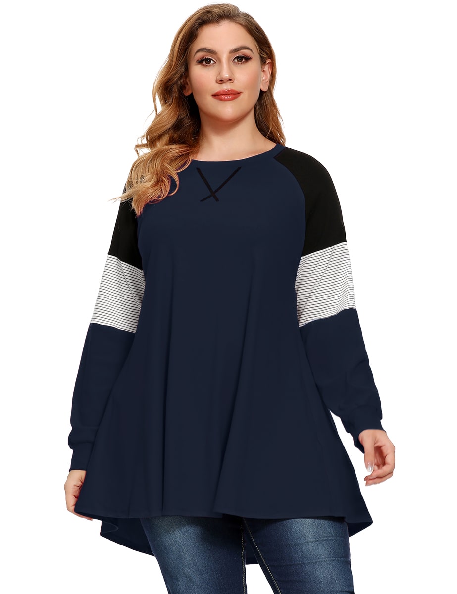 Plus Size Color Block Long Sleeve Tunic Striped Raglan Pullover - Latest Ladies Fashion Clothes Online,Online Women Clothing Shop & Latest Clothing 8087.
