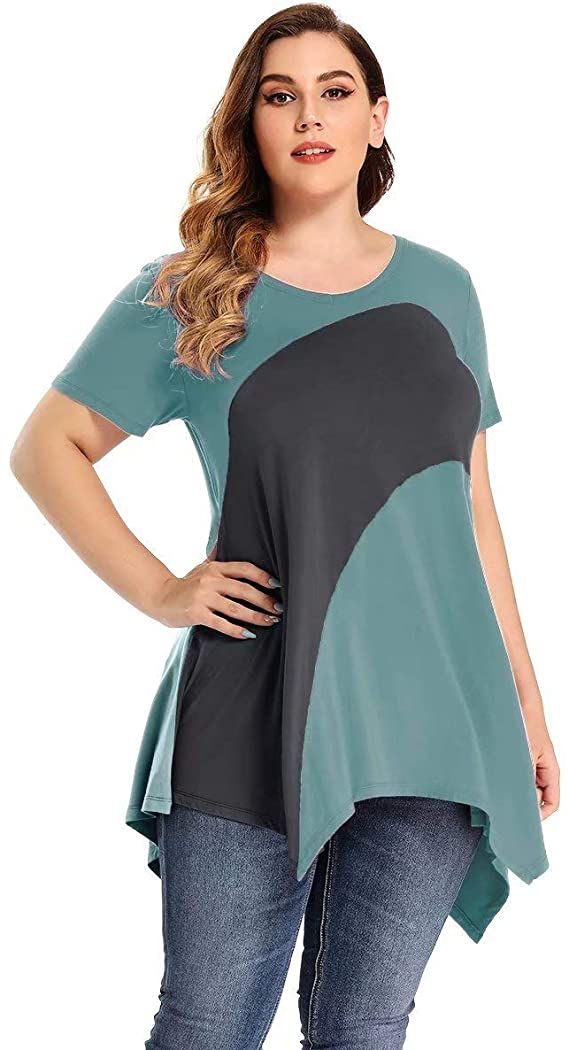 Latest Ladies Fashion Clothes Online,Online Women Clothing Shop & Latest Clothing Color Block V-Neck Flattering Asymmetrical Hemline Long Shirt 6XL-8067.