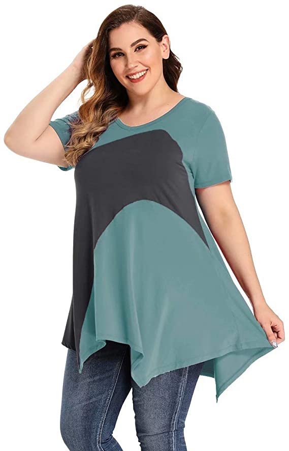 Latest Ladies Fashion Clothes Online,Online Women Clothing Shop & Latest Clothing Color Block V-Neck Flattering Asymmetrical Hemline Long Shirt 6XL-8067.
