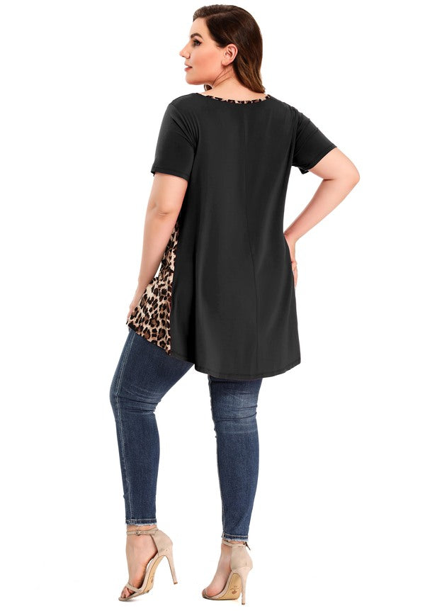 Latest Ladies Fashion Clothes Online,Online Women Clothing Shop & Latest Clothing Color Block Leopard Print Tops for Women Plus Size Short Sleeve-8062.